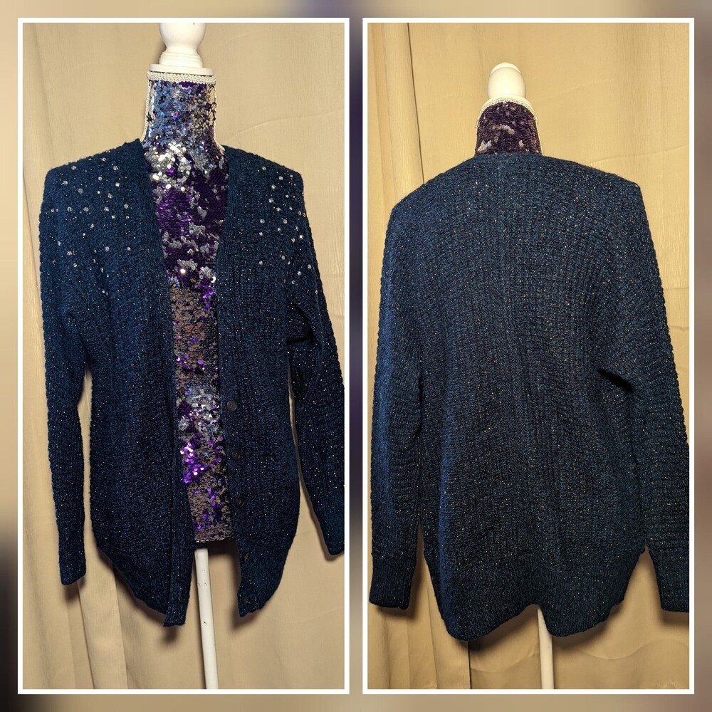 Lane Bryant 14/16 Navy Blue & Goldβ Cardigan Sweater with Studded Shoulder